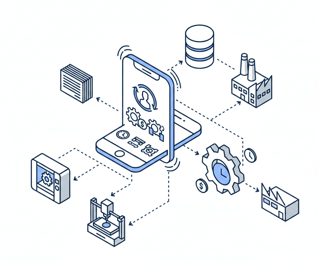 Illustration of a quote linking files, manufacturers, machines and lead time